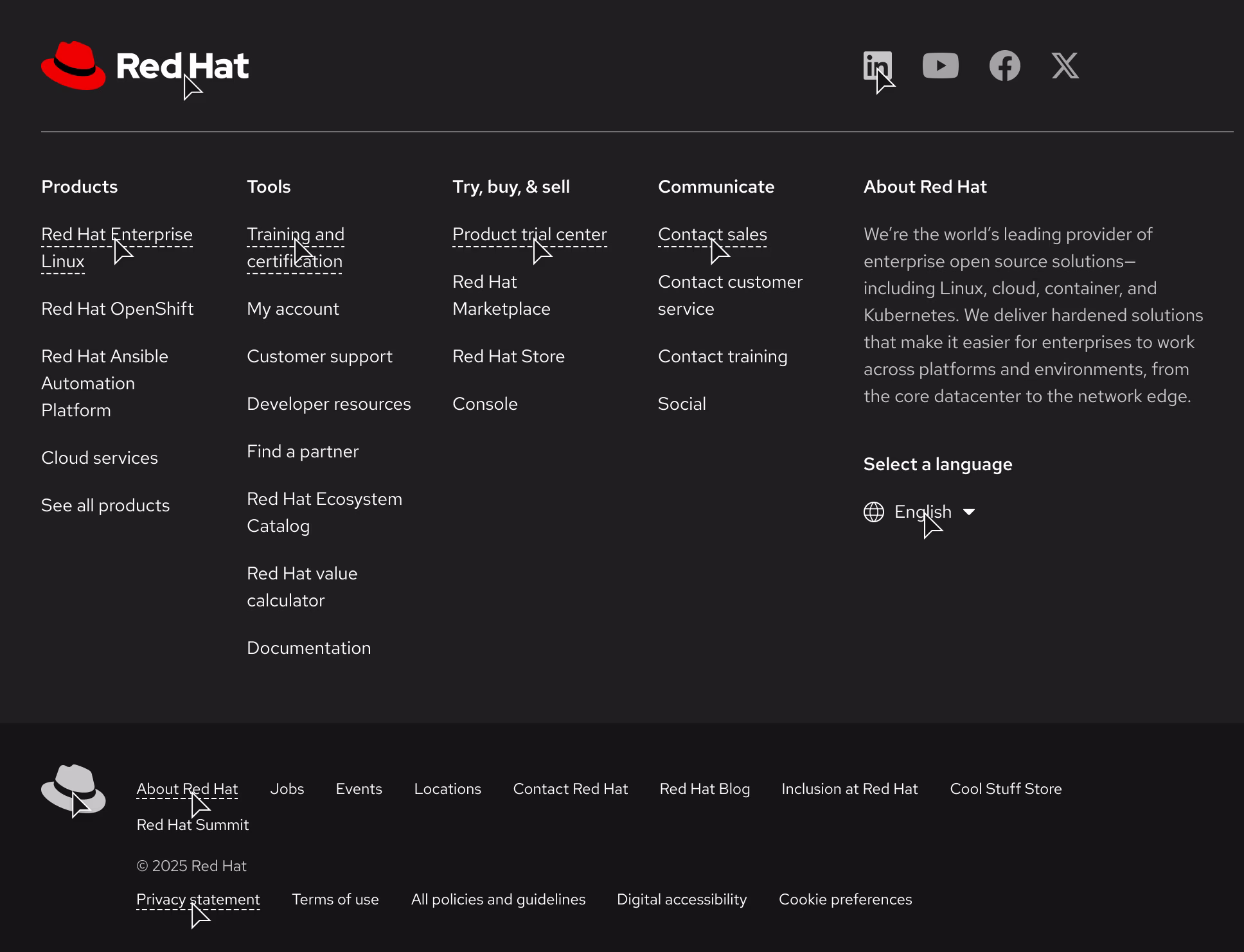 Hover state examples within a footer